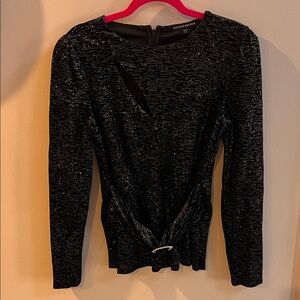 Boston Proper Black Metallic Twist-Front Long Sleeve Top with Buckle Detail